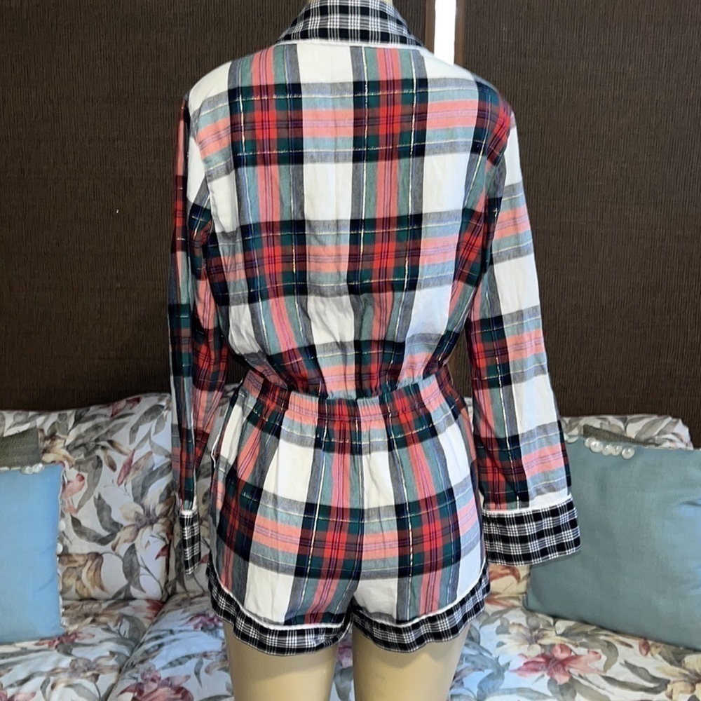 Victoria Secret Flannel Sleep Romper Plaid Red Green Shimmer CRYSTAL Love S - Picture 5 of 9